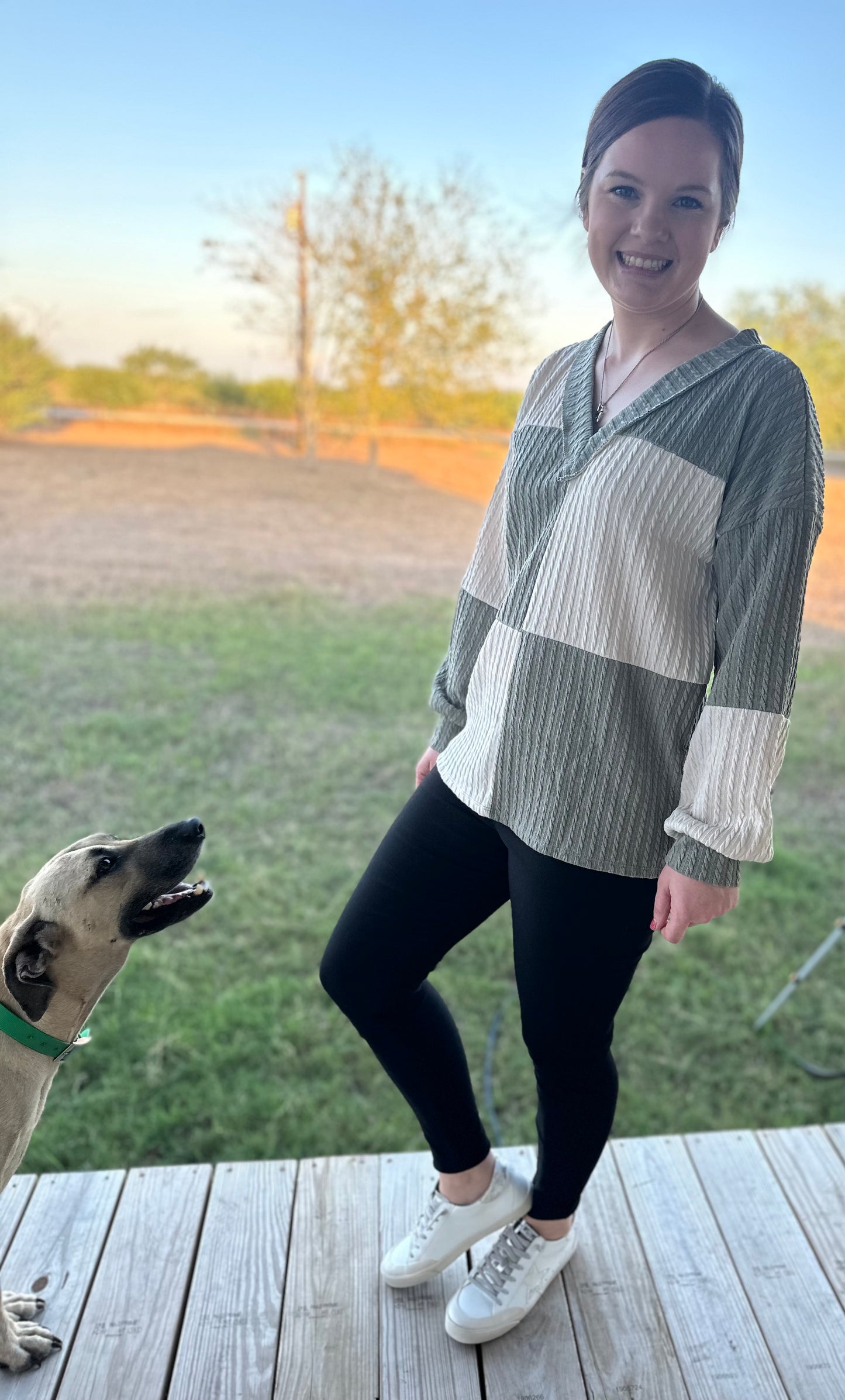 Green & White Color Block V Neck