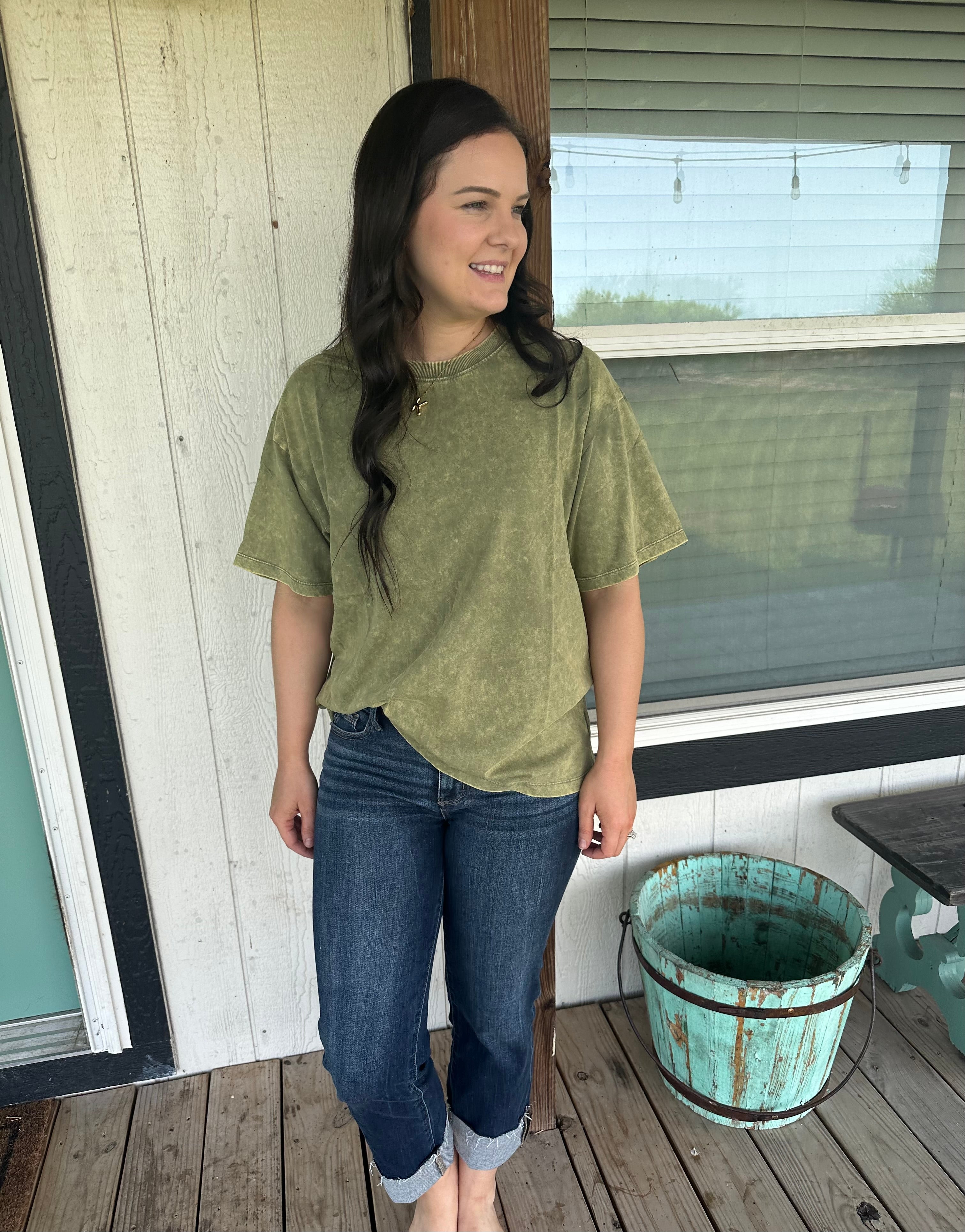 Comfy & Chic Acid Washed Tee in Lt Olive