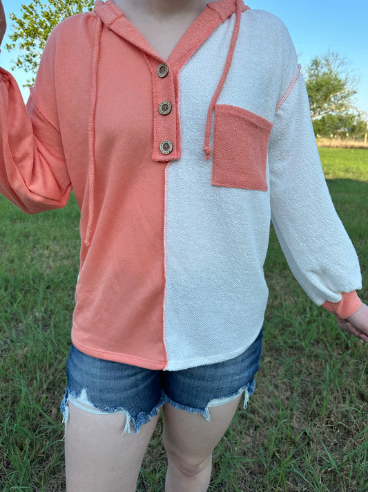 Coral & White Color Block Hoodie